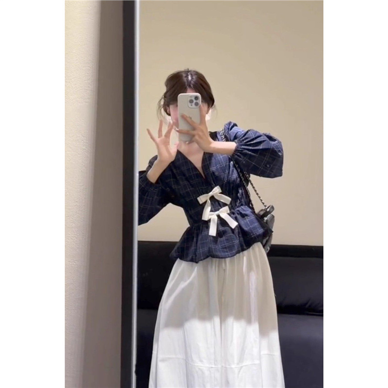 套装女2025秋季韩系温柔风V领长袖格纹衬衫上衣高腰半身裙两件套|undefined