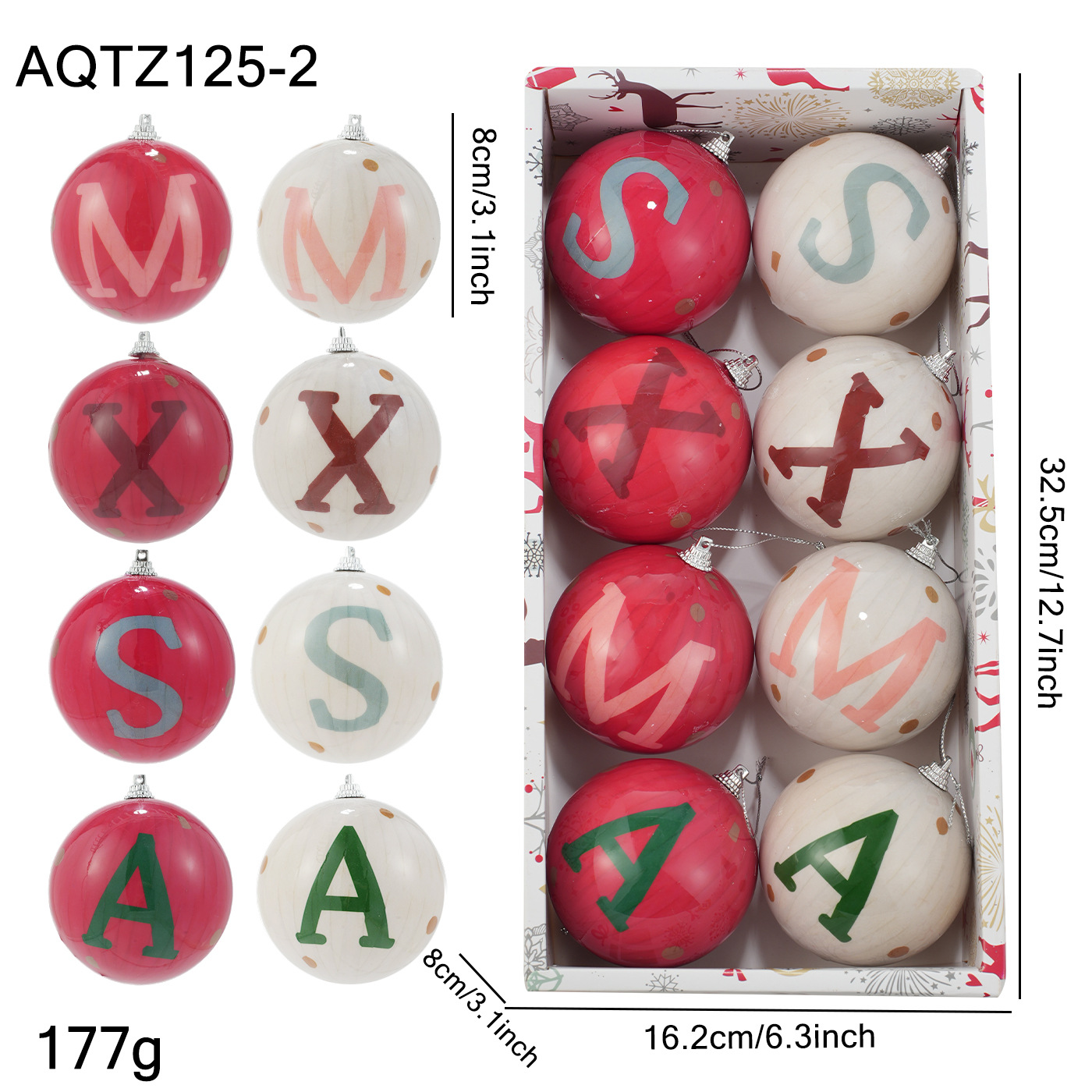 Nuevos productos de 8CM bolas de plástico pegatinas bolas de Navidad paquete de caja de colgante de árbol de Navidad decoración de bolas en stock
