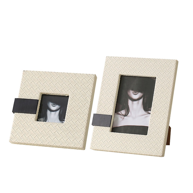 Light luxury creamy-white woven leather wooden photo frame model room bedroom desktop picture frame decoration simple soft decoration Light luxury creamy-white woven leather wooden photo frame model room bedroom desktop picture frame decoration simple soft decoration