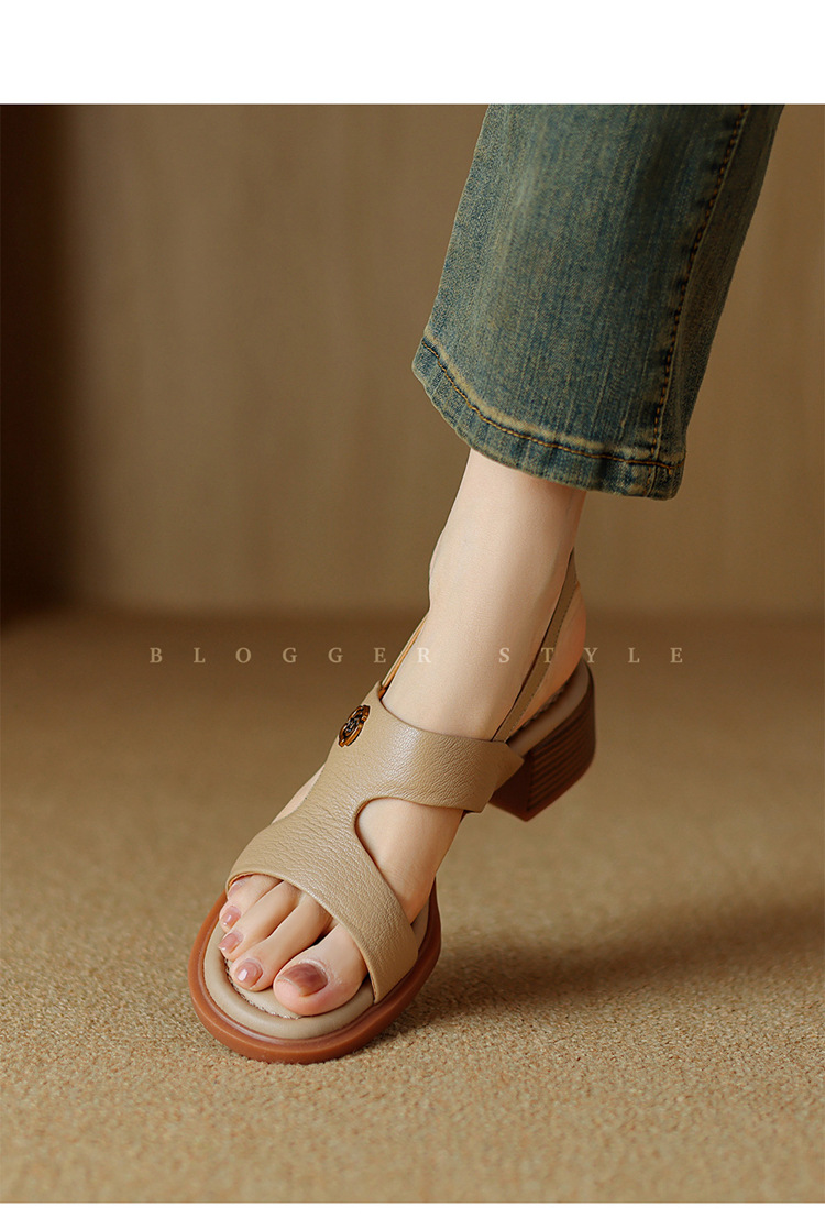 Sandal hở ngón da cừu gót thô đầu vuông quai ngang kiểu La Mã — Màu trắng be chi tiết 4
