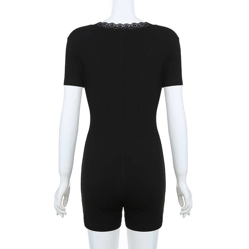Casual Sexy Women Lace V neck Patchwork Personality Street Spring Summer Tight Short Sleeved Jumpsuit