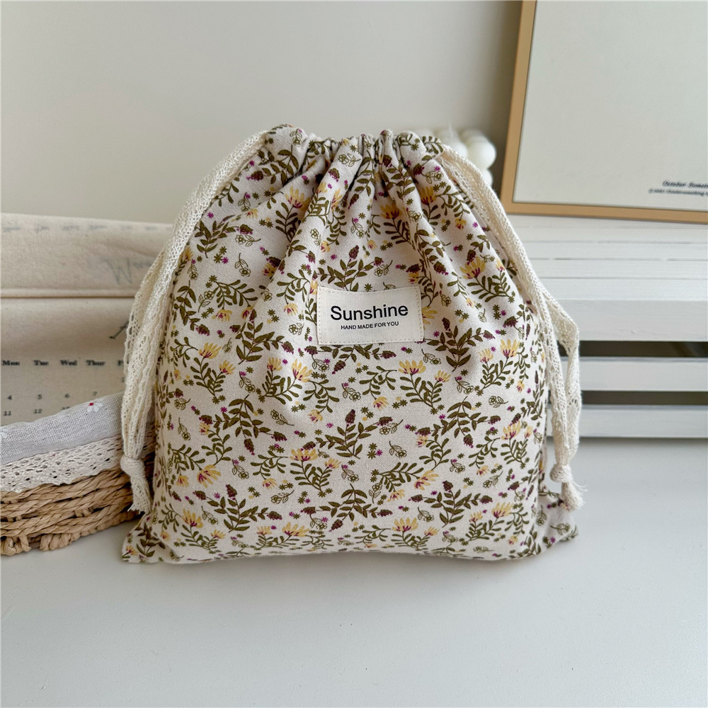 Ins estilo mori algodón cepillado color tierra floral bolsa de cordón clasificación en el hogar bolsa de almacenamiento bolsa de viaje grande