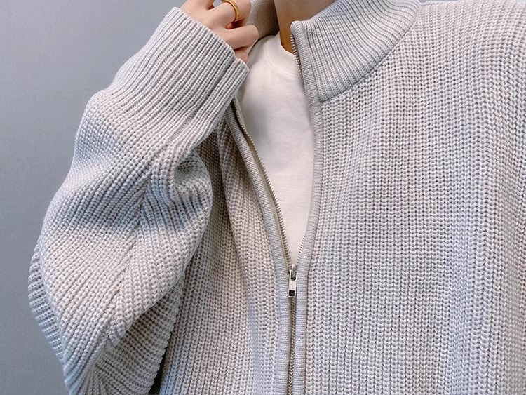 Unisex Zip-front Knit Cardigan With Stand Collar, Oversized Fit_voghion.com