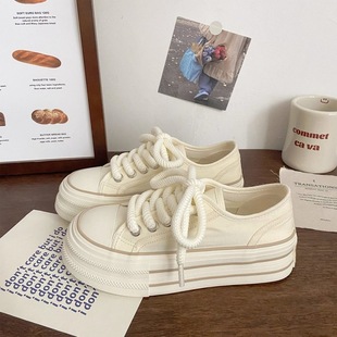 Cream Platform Canvas Shoes Women's Thin Spring and Summer New Ins Trendy Niche Korean Style Big Head White Shoes for Students