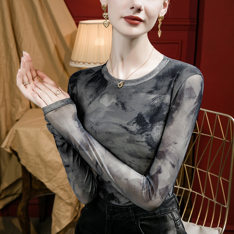 Tie-dyed printed vintage mesh bottoming shirt for women slim fit 2023 Autumn New style western style long-sleeved shirt small shirt