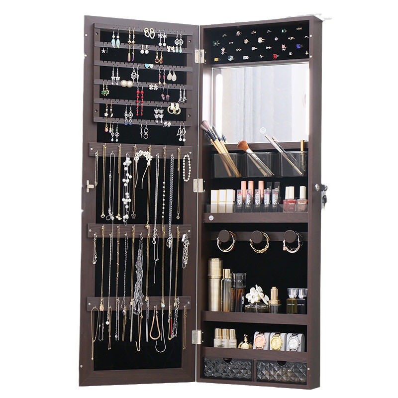 Espejo de gabinete de joyería montado en la pared espejo de cuerpo completo con tira de luz LED Interruptor táctil Almacenamiento de joyas multifunción