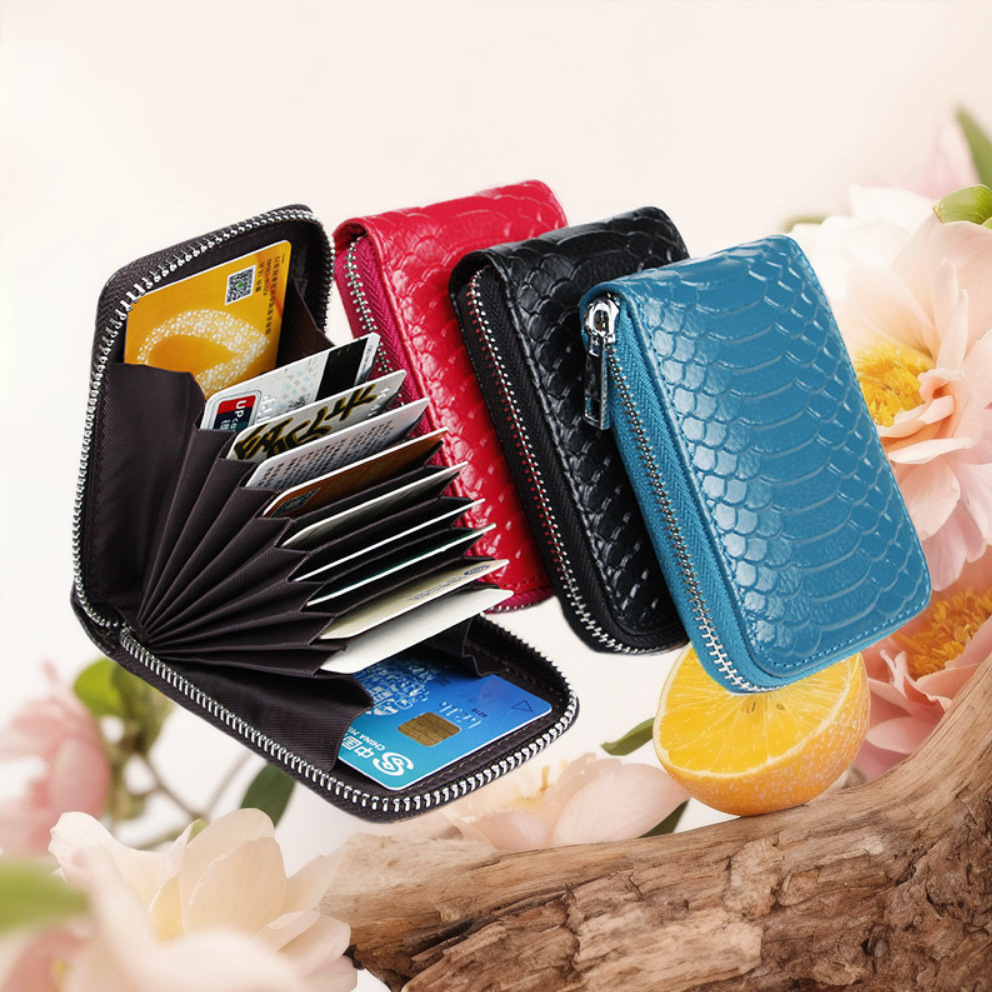 Hao Yun Lai Brand Multi-Card Cowhide Coin Purse Snake Pattern Vertical Zipper Organ Card Bag RFID Anti-Magnetic Wholesale