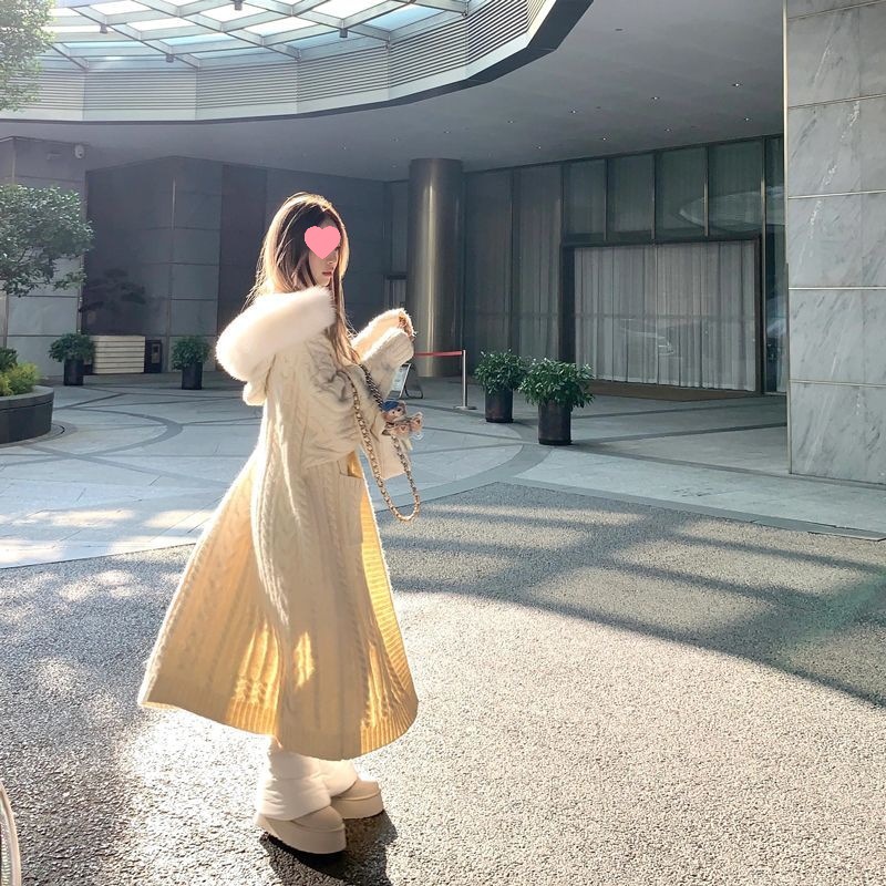韩版连帽气质秋冬慵懒长款针织毛衣开衫超大狐狸毛领羊毛皮草外套