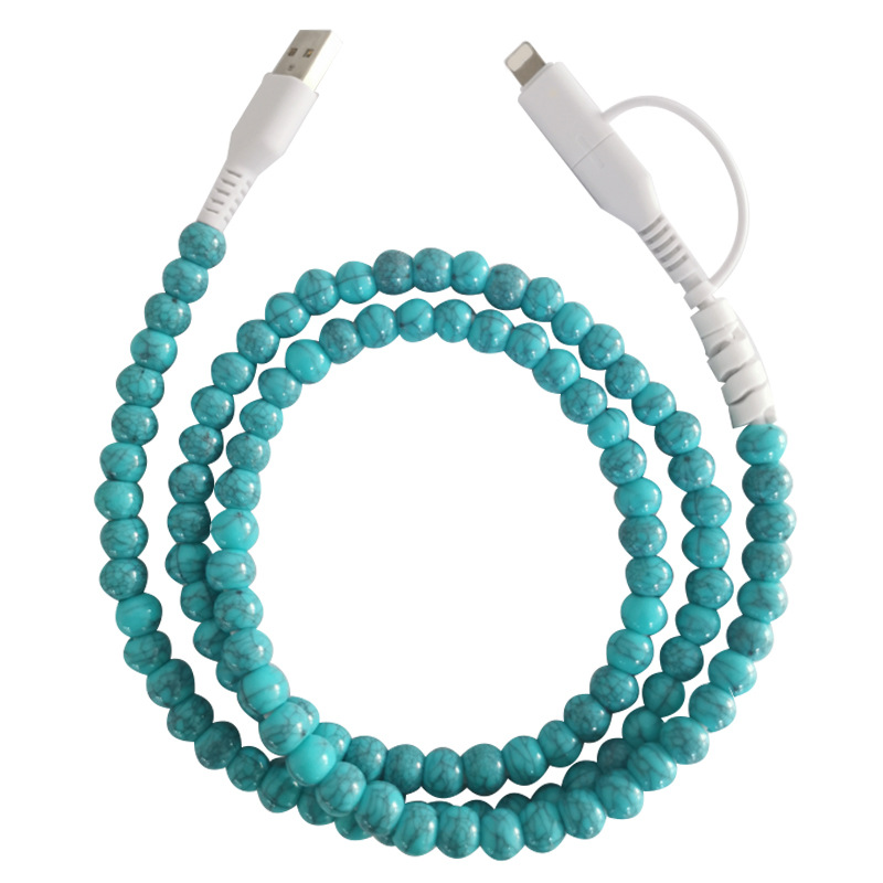 One-to-two blue turquoise beaded data cable two-in-one type-c to ip15 handmade color bead fast charging line gift