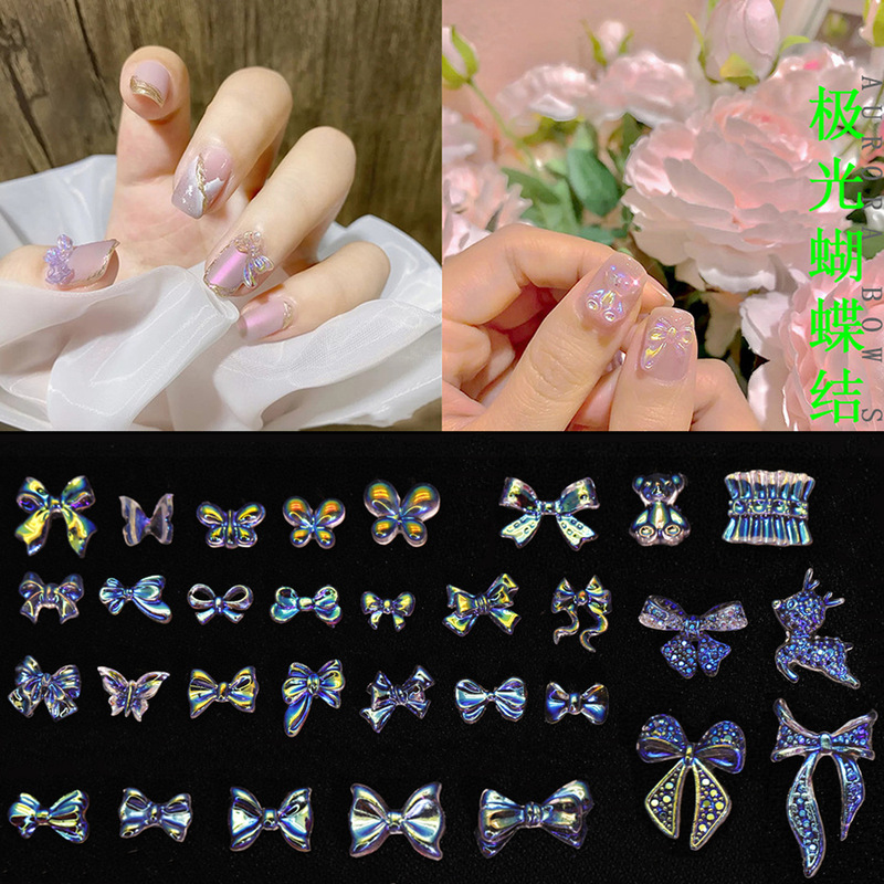 Ab Fairy Aurora Bow Nail Art Accessories, Colorful Three-Dimensional Versatile DIY Internet Celebrity Nail Decorations, Aurora Colorful