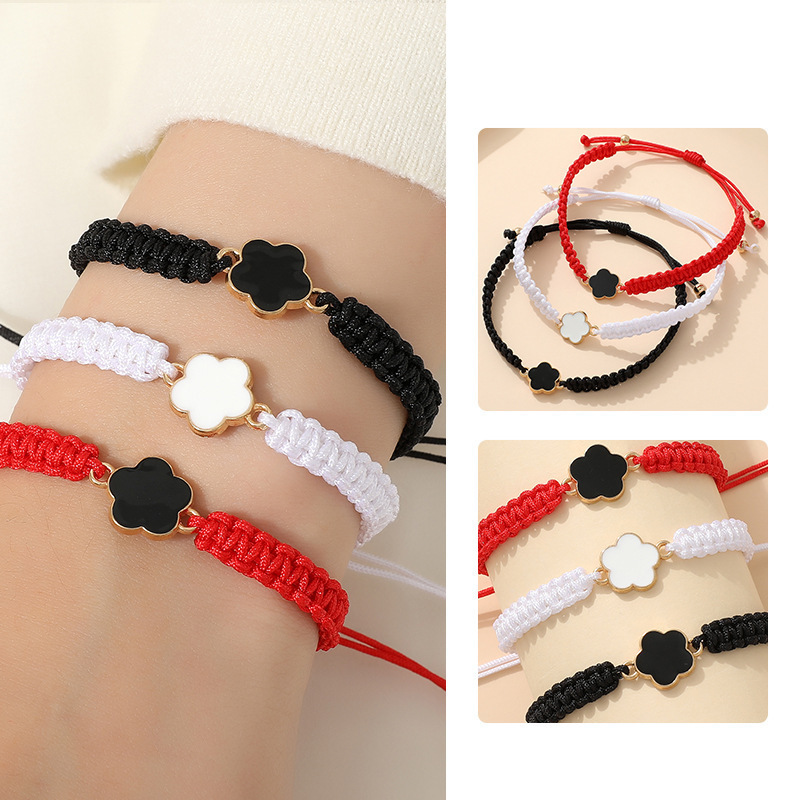 European and American Best-Selling Retro-Style Five-Leaf Flower Braided Bracelet Adjustable Jewelry Friendship Couple Accessories Gift Wholesale