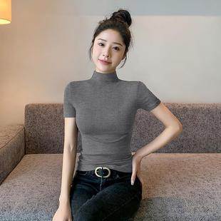 Black Half-high Collar Short-sleeved T-shirt Women's Spring 2025 New Knitted Base Half-sleeved Slim-fit Shoulder Mid-collar Top