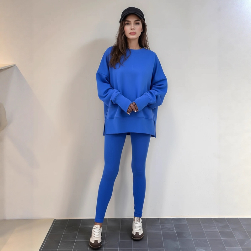 2025 Autumn/Winter Amazon Women's European and American Casual Loose Long Sleeve Round Neck Split Top and Tight Long Pants Sweatshirt Set 2025 Autumn/Winter Amazon Women's European and American Casual Loose Long Sleeve Round Neck Split Top and Tight Long Pants Sweatshirt Set