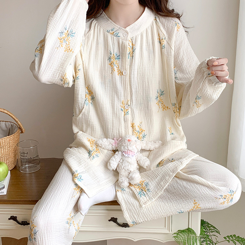 New Cotton Double-layer Gauze Summer Thin Moon Clothing Postpartum Pregnant Women's Lactation Pajamas plus size Loose Feeding suit