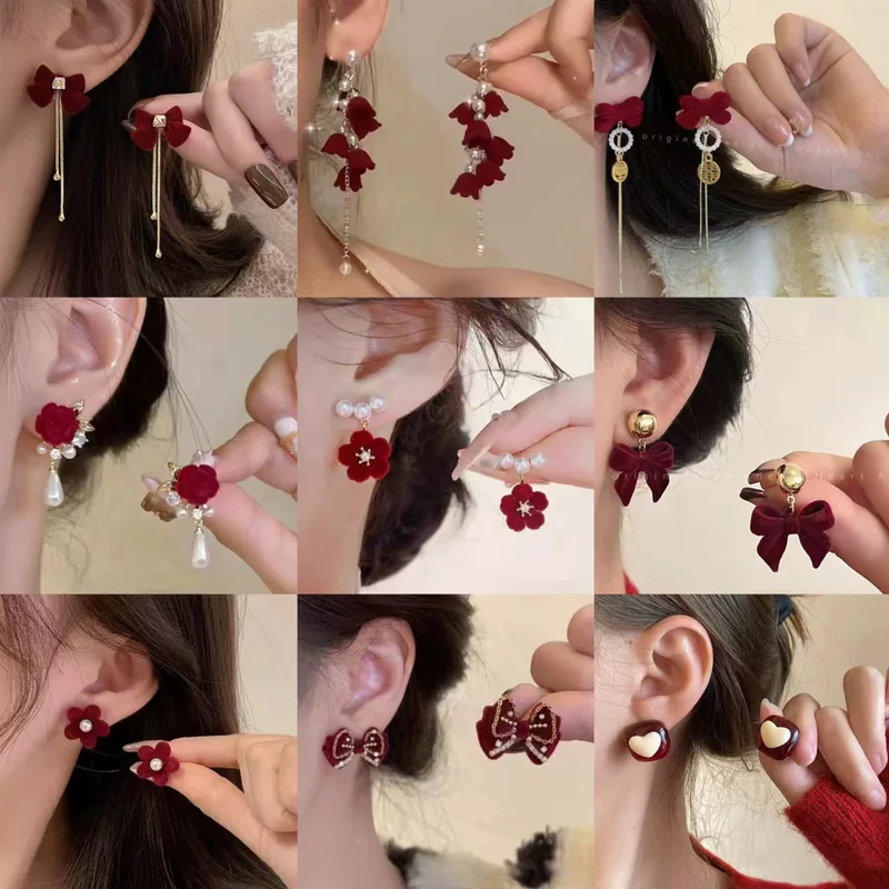 Festive red cute long demi-season earrings with bow with tassels, flowered