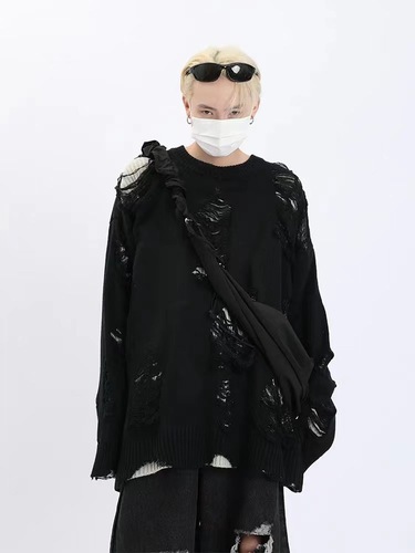 European and American High-Street Faux Two-Piece Oversized Ripped Sweater—Unisex Autumn/Winter Lazy-Style Hollow-Out Design Knitted Sweater