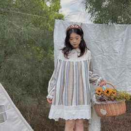 紫藤街2026春季新女式圆领日系森系女装连衣裙长袖条纹中长裙套头