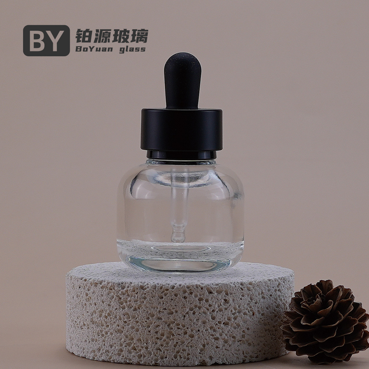 现货哑黑双层肥圈滴管精油瓶30ml精华原液套装瓶水乳液分装玻璃瓶