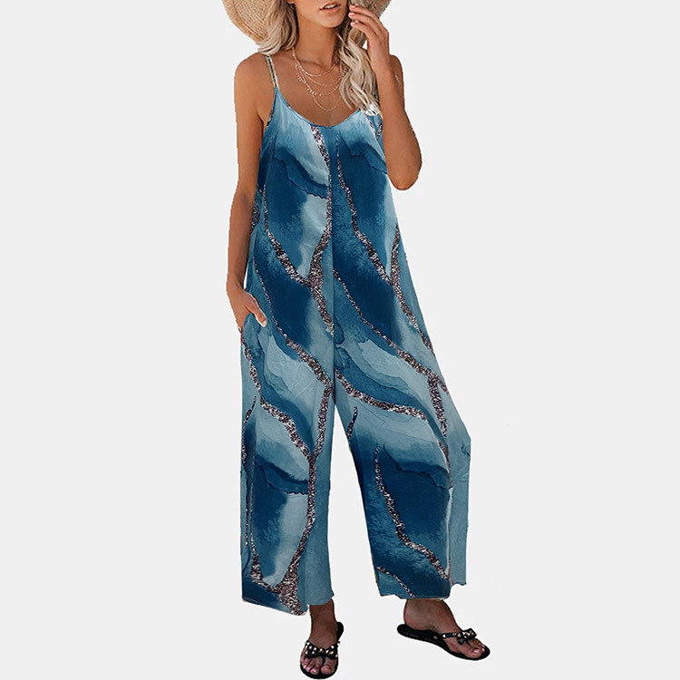 Transfronterizo Amazon 2025 verano nuevo estilo europeo y americano comercio exterior ropa de mujer estampado tirantes bolso casual de pierna ancha mono