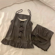灰色吊带睡衣少女夏季带胸垫蝴蝶结无袖荷叶边短裤家居服可外穿