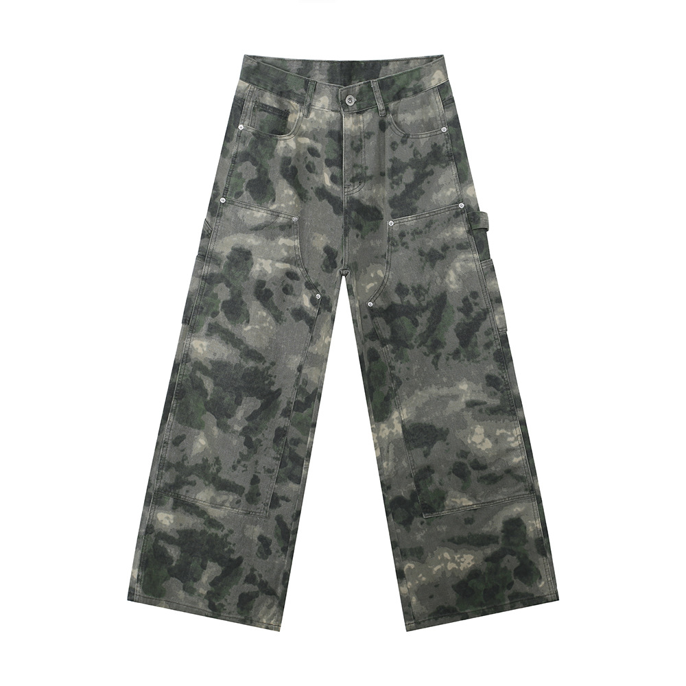 MTLCLOTHES Ropa de hombre | Camuflaje desgastado, costura descolorida, herramientas deconstruidas, jeans rectos de pierna ancha, moda casual