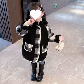 女童毛呢大衣冬装2025新款儿童加厚格子毛毛衣宝宝连帽羊羔绒时尚