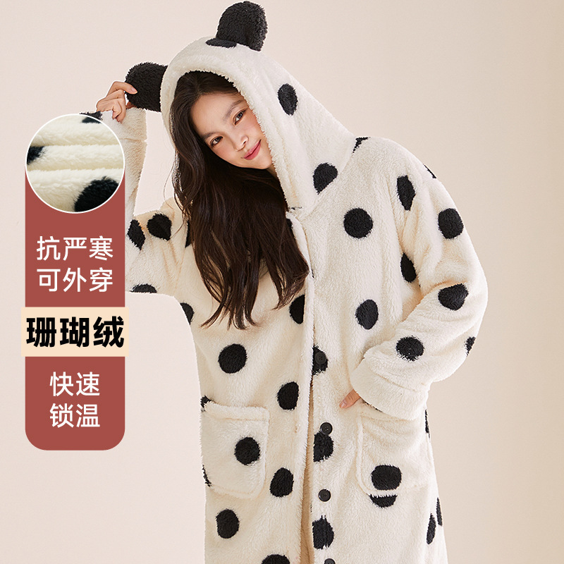 睡衣女珊瑚绒黑色圆点连帽纽扣加绒加厚长款两件套时尚可爱家居服|undefined