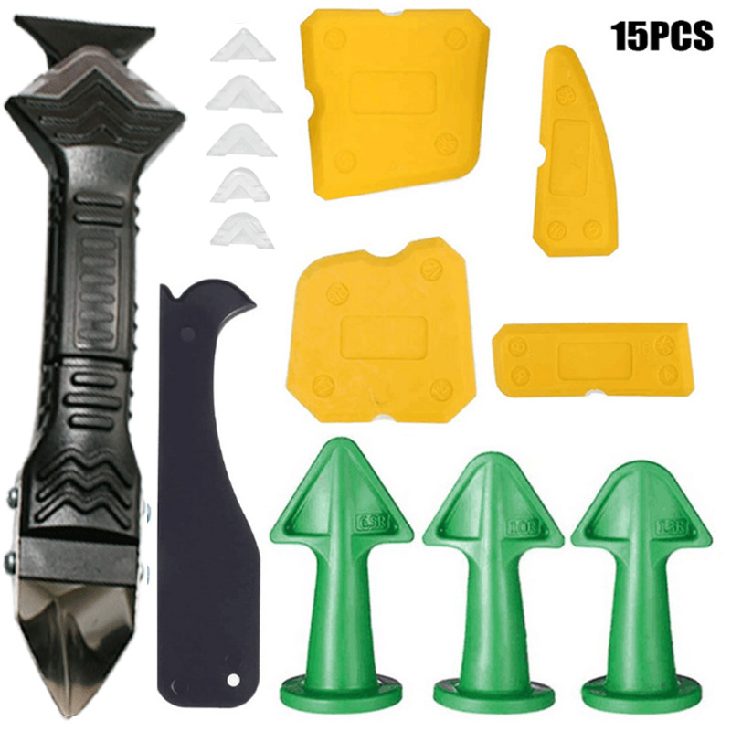 15 종 세트 (녹색 고무 노즐 3 개 + 투명 3in-1 금속 스크레이퍼 + 고무 헤드 6 개 + 노란색 스크레이퍼 4 개 + 검은색 스크레이퍼 1 개)