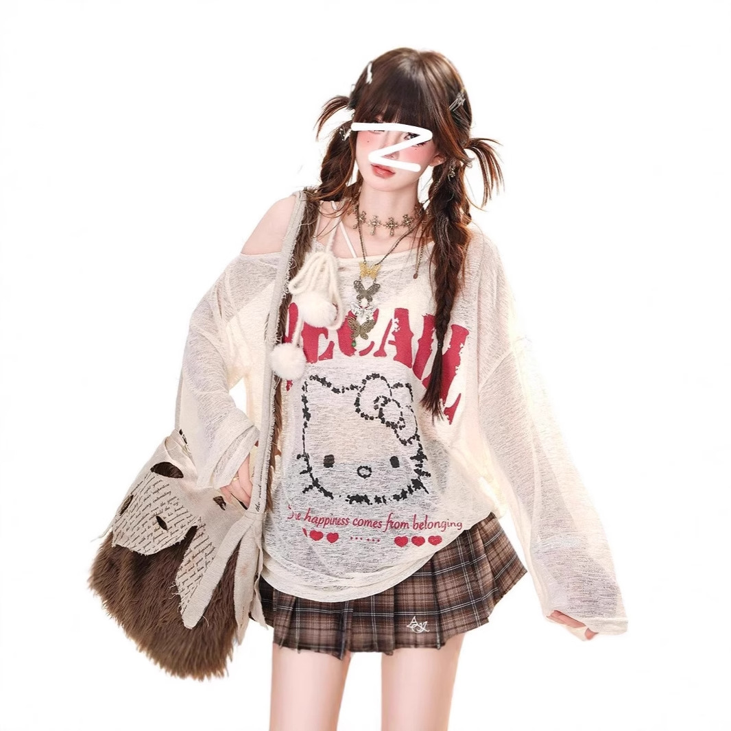 卡通KT猫韩系微透印花露肩T恤女夏季新款宽松休闲显瘦上衣罩衫潮