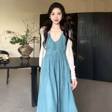 新中式国风收腰度假水蓝色吊带连衣裙子女+薄款防晒罩衫两件套装
