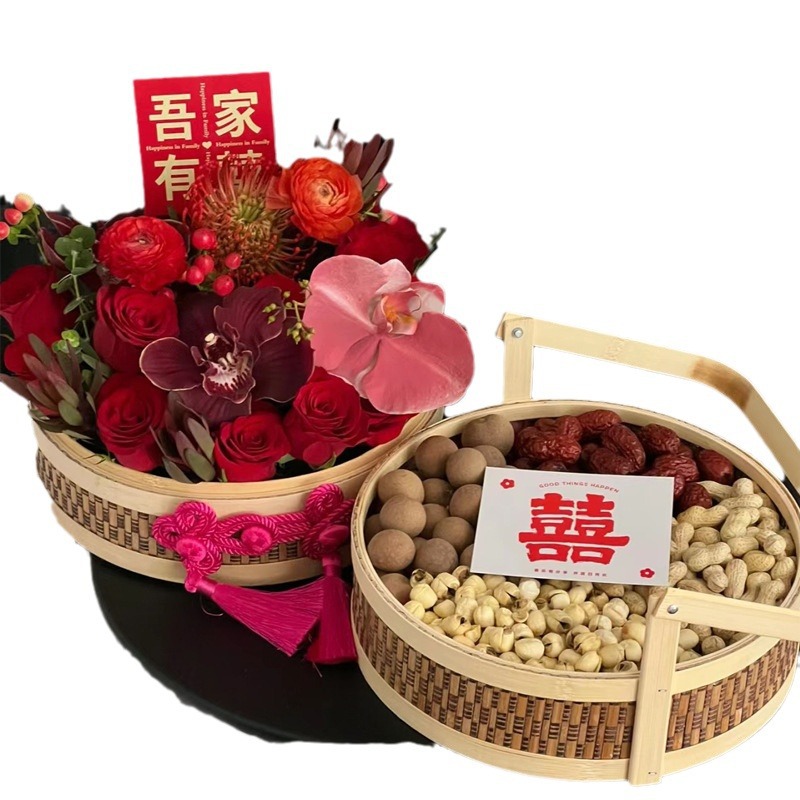 Nuevo estilo chino de bambú de doble capa de mano cesta de flores tejida a mano cesta de arreglos florales cesta de frutas de embalaje