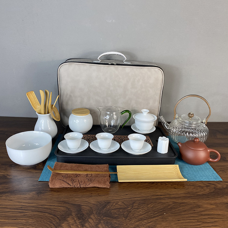 Portable Kung Fu Tea Set for Adults and Students, Travel Tea Set, Dehua White Porcelain Tea Tray Set Portable Kung Fu Tea Set for Adults and Students, Travel Tea Set, Dehua White Porcelain Tea Tray Set