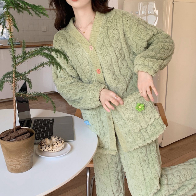 冬季加厚珊瑚绒毛毛睡衣女可外穿开衫两件套装纯色长袖长裤家居服