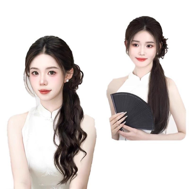 Peruca de rabo de cavalo estilo chinês para mulheres com textura de onda de água e acessórios de cabelo tradicionais
