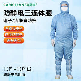 斜拉链百级无尘服连体0.5条纹网格防静电服 无尘车间工作服带面罩