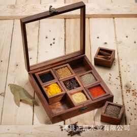 跨境木质调料盒翻盖式香料食盐分类收纳盒九宫格茶叶盒香料调味罐