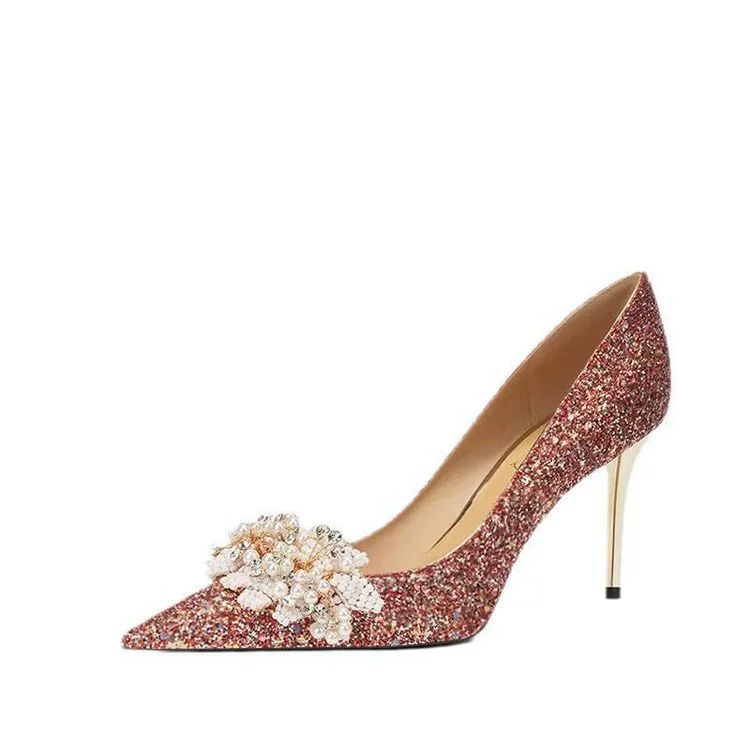 Wedding shoes, red high-heeled shoes for bride, french style, Chinese style
