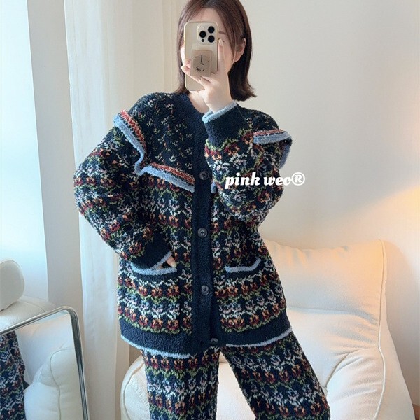 French Knitted Sweater Half-Velvet Pajamas for Women Autumn and Winter Thickeneded Warm Soft Half-Velvet Home Wear Set