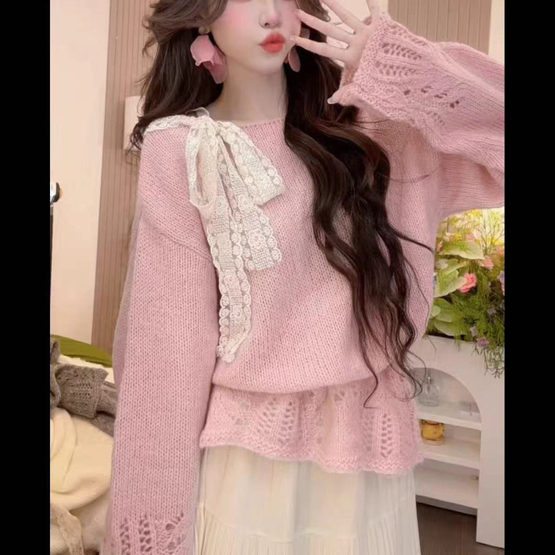 温柔甜美风2025秋季新款氛围感针织蝴蝶结拼接蕾丝绑带针织女上衣|undefined