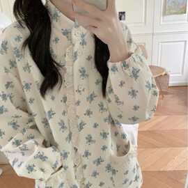 韩国ins女士秋冬新款韩版舒适碎花拼格子花边家居服套装长袖长款