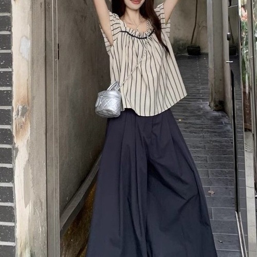 Laid-back Korean-style 2025 set for women, retro striped fly sleeve blouse with summer loose wide-leg casual pants, two-piece set