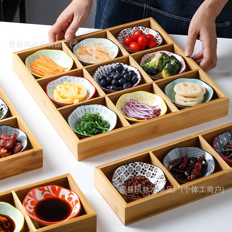 日式火锅配菜盘烤肉店餐具食材盒盘子木质水果拼盘套装九宫格托盘