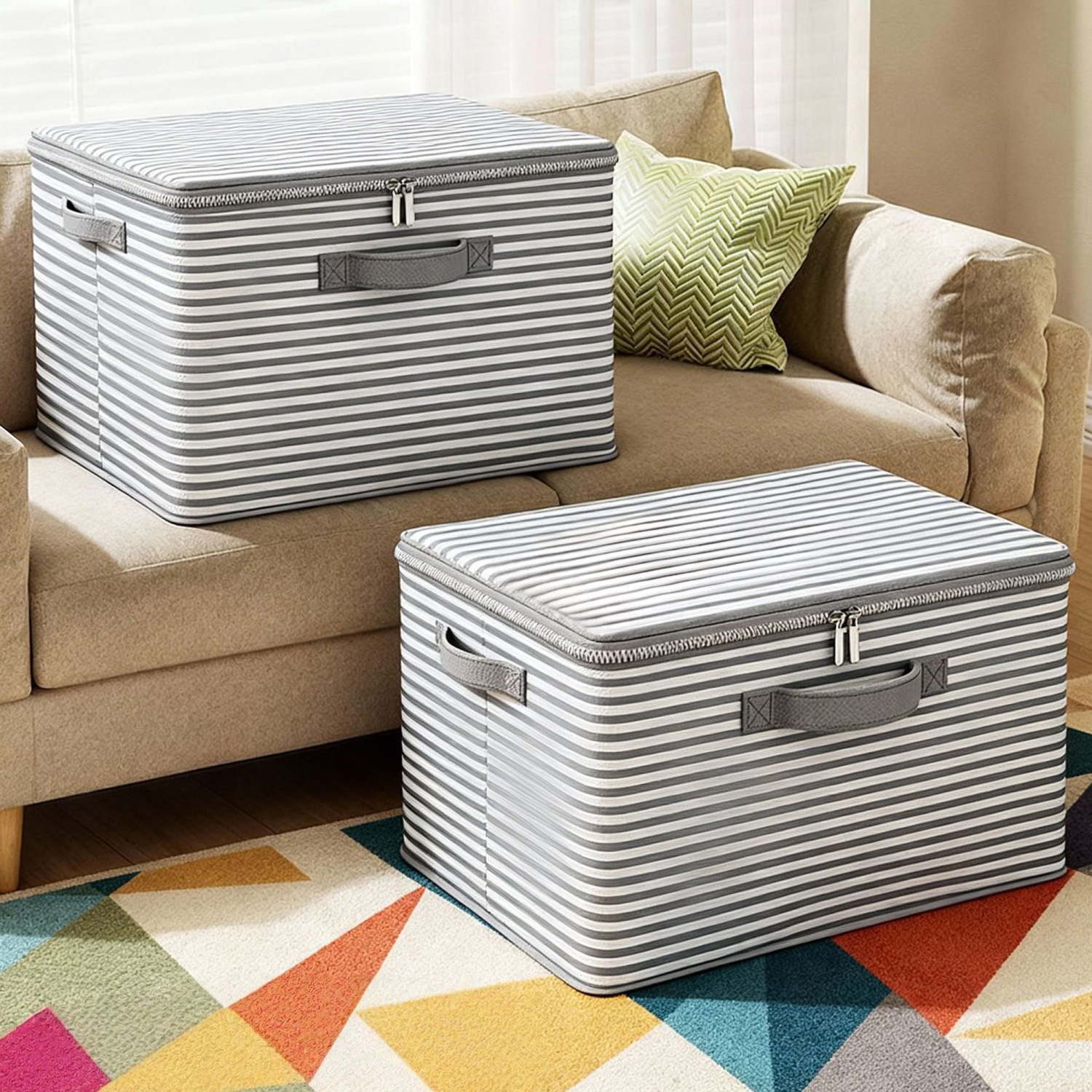 Non-Woven Fabric Storage Box for Home Use with Lid, Striped Zipper, Foldable, Large Capacity Wardrobe Storage Box, Factory Wholesale