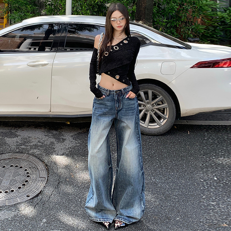 秋季新款美式直筒牛仔裤女时尚设计感复古蓝高腰宽松阔腿拖地裤子|undefined