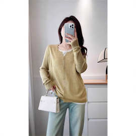 韩国进口新款黄色假两件长袖针织开衫女气质拼色毛衣韩版薄款百搭