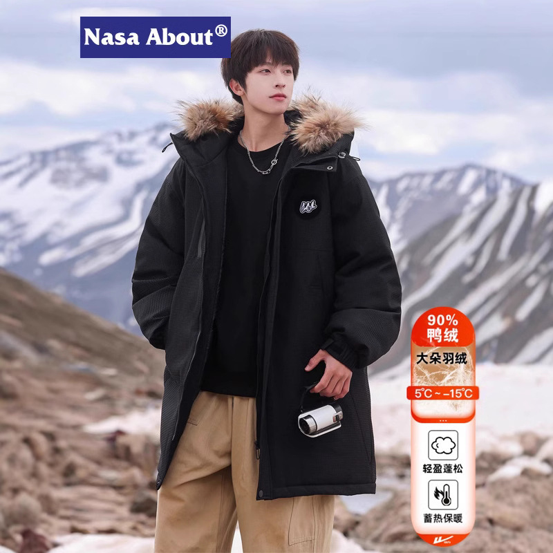 NASA wool collar mid-length down jacket men's winter 2024 new thick warm hooded tooling charge coat