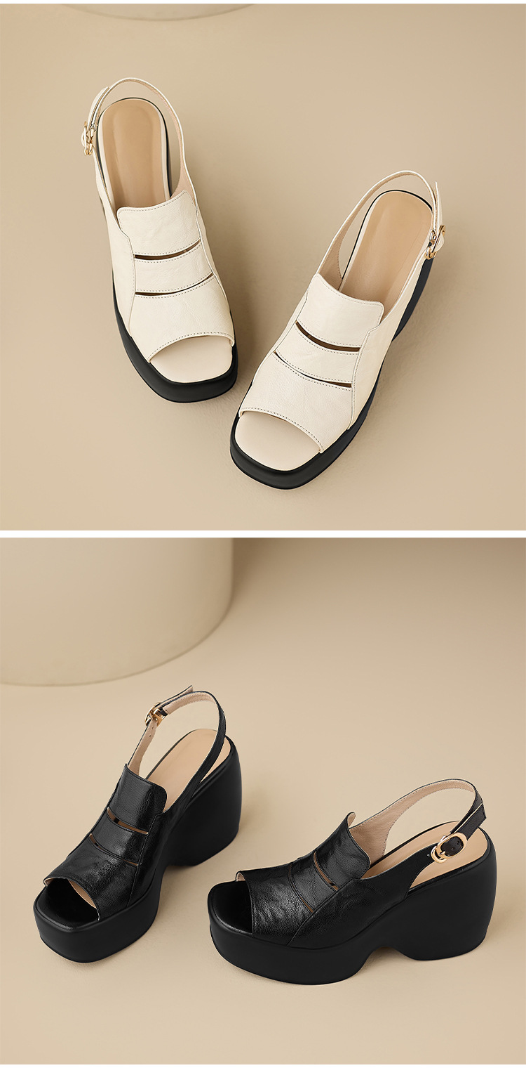 Sandal cao gót nữ đế xuồng mũi hở da cừu — màu đen, màu trắng ngà chi tiết 13
