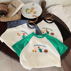 Cotton Children's Short Sleeve T-shirt Summer New Design for Boys and Girls, Insert Shoulder Striped for Little Babies, Korean Style Half Sleeve Contrast Color Top