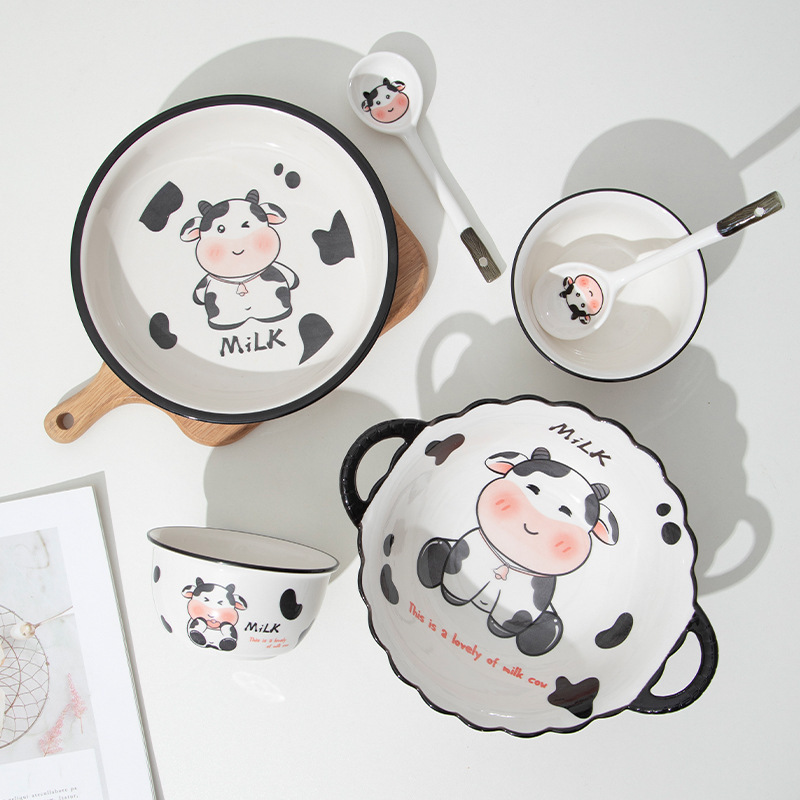 Ins高颜値陶磁双耳泡麺碗かわいいアニメ釉薬下彩餃子皿家庭用サラダ碗ハンドル碗|undefined