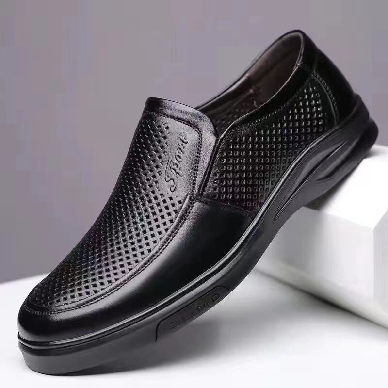2026 Men's Leather Sandals, Business Casual Shoes, Breathable Perforated Shoes, Soft Sole, Non-Slip, Wear-Resistant for Middle-Aged and Elderly